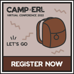 Brown background with brown backpack. Camp ER&L Virtual Conference 2022. Let's Go! Register Now. Leads to registration page.