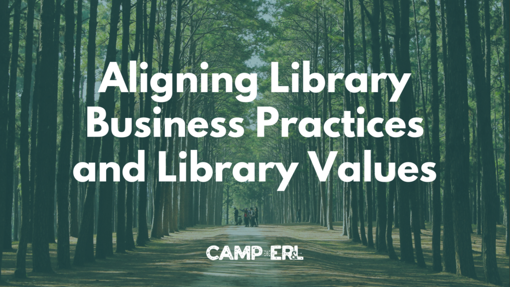 Tall trees with group of hikers in the middle. Aligning Library Business Practices and Library Values.