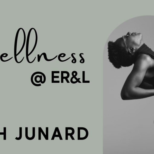 Sage green background, black and white photo of Rach Junard wearing black tank top and black pants, they are arching backwards in a stretch. Wellness at ER&L with Rach Junard.