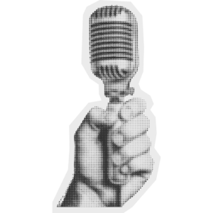 Close-up of a retro handheld microphone being held toward the camera by a gloved hand.